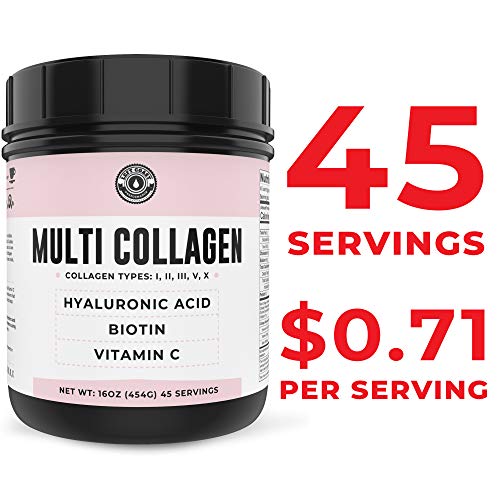 Collagen with Biotin, Hyaluronic Acid, Vitamin C, 1 lb Powder. Hydrolyzed Multi Collagen Peptide Protein. Types I, II, III, V, X, Collagen for Hair, Skin, Nails*. Collagen Supplement for Women, Men