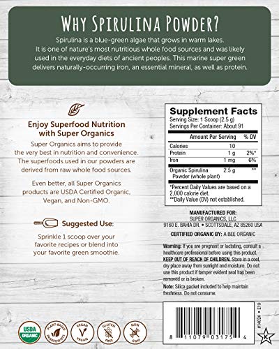 Super Organics Spirulina Powder | Naturally-Occurring Minerals – Organic, Vegan & Non-GMO, 8 Oz