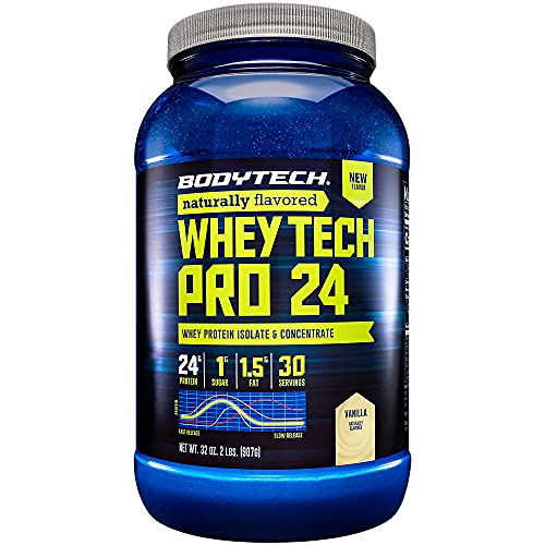 BodyTech Whey Tech Pro 24 Protein Powder Protein Enzyme Blend with BCAA's to Fuel Muscle Growth Recovery, Ideal for PostWorkout Muscle Building Natural Vanilla (2 Pound)