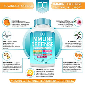 7 in 1 Immune Support Zinc Supplements 50mg Elderberry with Zink and Vitamin C, Vit D3 5000 IU, Echinacea, Turmeric Curcumin & Ginger Immunity Vitamins Booster - Natural Allergy Relief for Kids Adults