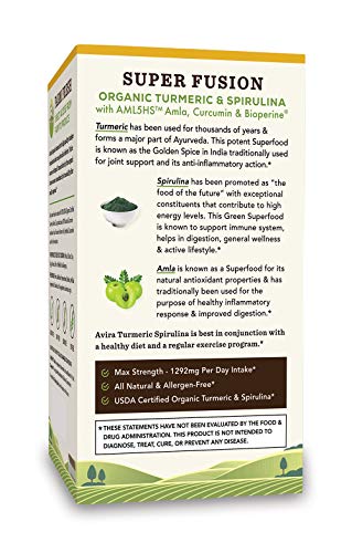 Avira Organic Turmeric Spirulina, Super Fusion with Amla, Curcumin & Bioperine, Superfood Algae Grown in Pristine Environment, Support Immune & Digestive Function, Yellow, 120 Count