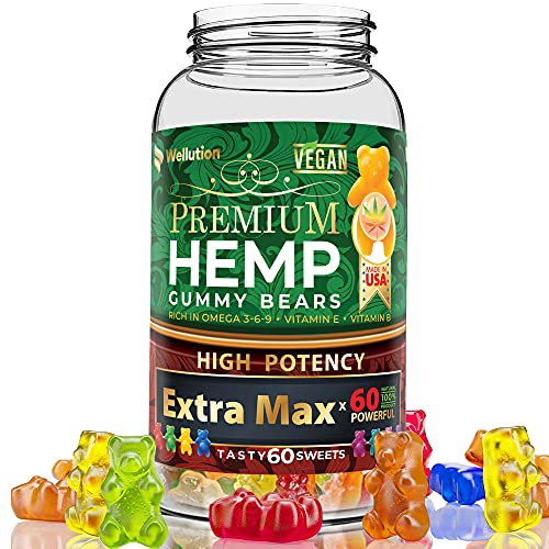 Wellution Hemp Gummies Extra Max x60 High Potency - Fruity Gummy Bear with Hemp Oil. Natural Hemp Candy Supplements for Stress & Inflammation - Promotes Sleep & Calm Mood