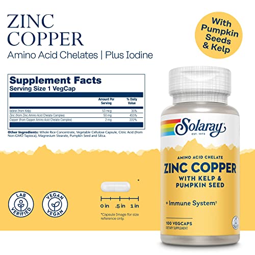 Solaray Zinc Copper Amino Acid Chelates, Healthy Cellular, Heart & Thyroid Function Support, Vegan, 100ct, 100 serv.
