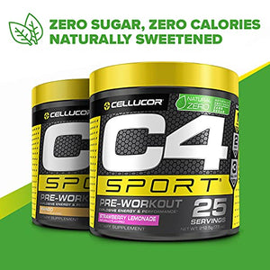 C4 Sport Pre Workout Powder Straberry Lemonade - Naturally Sweetened + Sugar Free Preworkout Energy Supplement for Men & Women - 135mg Caffeine + Creatine - 25 Servings