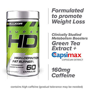 Cellucor Super HD Thermogenic Fat Burner Weight Loss Supplement, Appetite Suppressant, & Energy Booster Capsimax, Green Tea Extract, 160mg Caffeine & More 60 Capsules (Packaging May Vary)