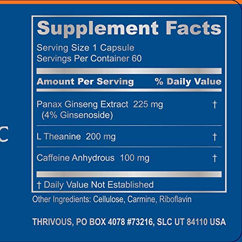 Thrivous Surge - 100mg Caffeine Pills with 200mg L-Theanine and Ginseng - Caffeine Anhydrous with Zero Sugar - 60 Capsules - Jitter-Free Focused Energy - Natural Nootropic Supplement