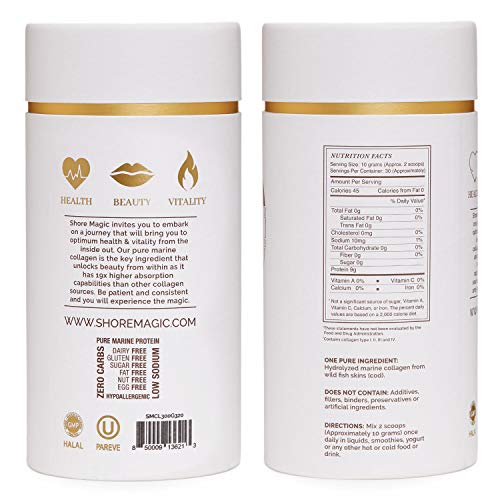Shore Magic Marine Collagen Powder, Hydrolyzed Marine Collagen Peptides Powder, Sustainably Sourced Wild Fish Skin Collagen, Odorless & Unflavored - Approx. 30 Day Supply, 300g Canister
