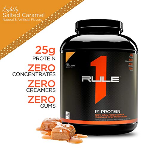 Rule One Proteins, R1 Protein - Lightly Salted Caramel, 25g Fast-Acting, Super-Pure 100% Isolate and Hydrolysate Protein Powder with 6g BCAAs for Muscle Growth and Recovery, 5 Pounds, 76 Servings