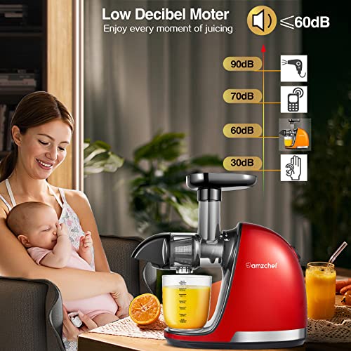 Slow Juicer Extractor, AMZCHEF Slow Masticating Juicer Machines with Quiet Motor, Juice Extractor with Reverse Function, Cold Press Juicer Easy to Clean with Brush for High Nutrient Fruit & Vegetable Juice