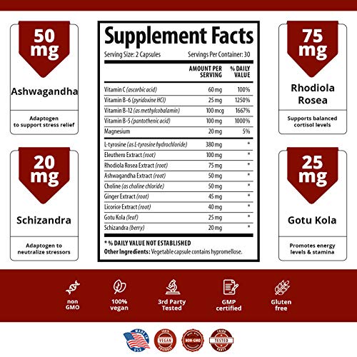 Adrenal Support Ashwagandha Capsules - Cortisol Manager - A Supplement containing Rhodiola Rosea, Vitamin B12, B5, B6, Magnesium, Ginger Root Extract, Schizandra Berry, Ashwaganda - Vegetarian