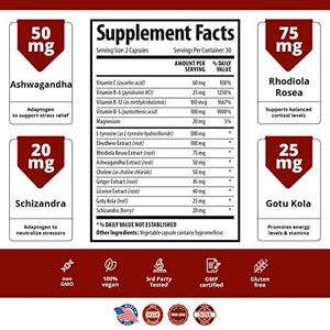 Adrenal Support Ashwagandha Capsules - Cortisol Manager - A Supplement containing Rhodiola Rosea, Vitamin B12, B5, B6, Magnesium, Ginger Root Extract, Schizandra Berry, Ashwaganda - Vegetarian