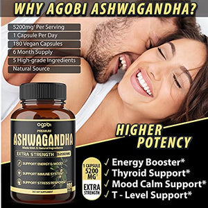 5in1 Premium Ashwagandha Capsules, High Extracted Capsule Equivalents to 5200mg Powder. Added Turmeric, Rhodiola Rosea, Ginger, Black Pepper. Strength and Spirit Support - 1Pack - 180 Caps - 6 Months