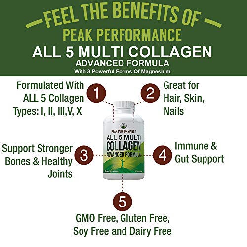 All 5 Multi-Collagen Capsules by Peak Performance. 90 Pills of Grass Fed Collagen Peptides Protein. with All 5 Collagen Types I, II, III,V, X. Grass Fed Beef, Fish, Chicken, Bone Broth Supplement