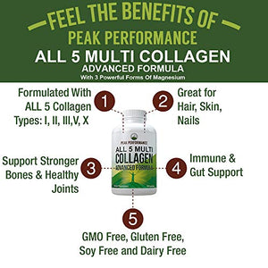 All 5 Multi-Collagen Capsules by Peak Performance. 90 Pills of Grass Fed Collagen Peptides Protein. with All 5 Collagen Types I, II, III,V, X. Grass Fed Beef, Fish, Chicken, Bone Broth Supplement