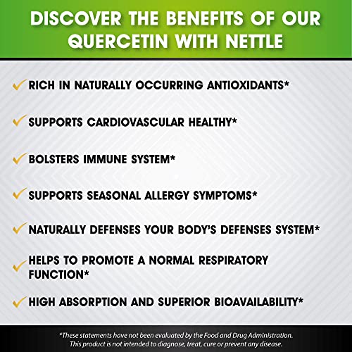 Quercetin with Vitamin C and Zinc - Nettle Quercetin - Quercetin 500mg - Quercetin with Bromelain - Zinc Quercetin + Vitamin D3 - 120 Veggie Caps - Quercetin Supplements Non-GMO, Gluten-Free, Vegan