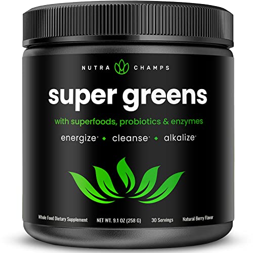 Super Greens Powder Premium Superfood | 20+ Organic Green Veggie Whole Foods | Wheat Grass, Spirulina, Chlorella & More | Antioxidant, Digestive Enzyme & Probiotic Blends | Vegan Juice Supplement