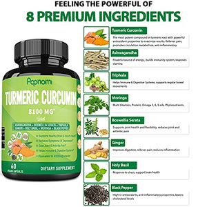 2 Packs Turmeric Curcumin Capsules 8100mg, 4 Months Supply & Ashwagandha, Triphala, Moringa, Boswellia, Ginger, Tulsi, Black Pepper|Joint Supports, Anti Inflammatory|Improves Digestive, Immune System