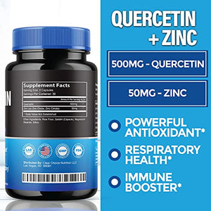 (2 Pack) Quercetin 500mg with Zinc - Immune System Booster, Lung Support Supplement for Adults Kids - Immunity Defense (120 Capsules)