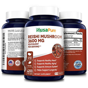 Reishi Mushroom Extract 3600 mg 200 Veggie Caps (Vegan, Non-GMO & Gluten-Free) Supports Heart Health* - Supports Blood Pressure & Hormones in Normal Range*