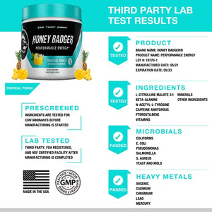 Honey Badger Pre Workout Powder | Vegan Keto Tropical Punch Preworkout | Natural Energy for Men & Women | Beta Alanine, Caffeine & Vitamin C for Immune Support | Sugar Free & Paleo | 30 Servings