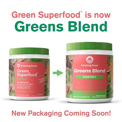 Amazing Grass Green Superfood Energy: Super Greens Powder & Plant Based Caffeine with Matcha Green Tea & Beet Root Powder, Watermelon, 60 Servings