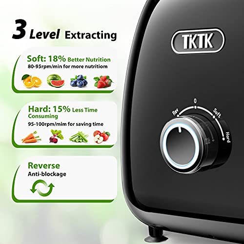 Slow Juicer, TKTK Wide Feed Chute Masticating Juicer Extractor with 2-Speed Modes, Cold Press Juicer 90% Juice Yield, Quiet European Engineered Motor & Easy to Clean with Recipe for Fruit & Vegetable