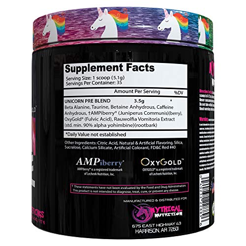 Mythical Nutrition Unicorn PRE Workout by Insane Labz, Pre Workout Powder with Edible Glitter, Extreme Energy Nitric Oxide Boosting, Beta Alanine Betaine Taurine AMPiberry, 35 Srvgs, Glitter Punch