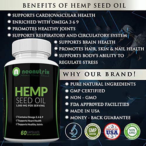 Hemp Seed Oil Capsules 1000mg Made with Organic Hemp Omega 3 6 9 Capsules for Pain and Anxiety Relief, Joint Support & Cardiovascular Health Skin Regenerator Hemp Capsules 60 Pills by Neonutrix