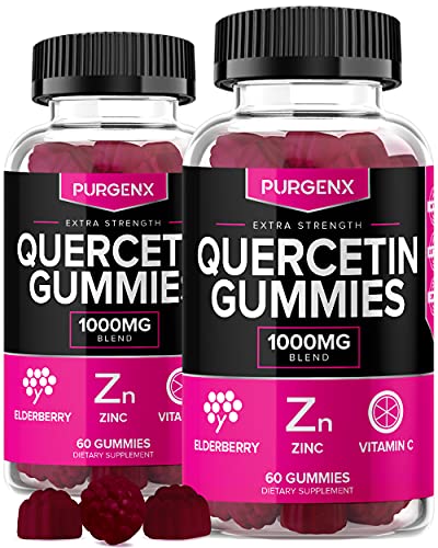 Quercetin + Zinc + Vitamin C 1000mg Gummies Supplements with Elderberry for Kids Adults Lung Immune Support Supplement Gummy, Immunity Allergy Relief Chewable Vitamins Powder Capsules Liquid (2 Pack)