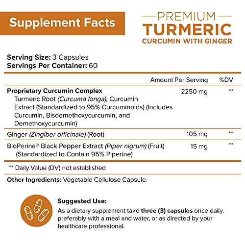 Turmeric Curcumin with Ginger & BioPerine Black Pepper Supplement :: Anti-Inflammatory, Antioxidant, Anti Aging :: 100% Natural, Non-GMO, Vegan Best Maximum Potency, No Side Effects (180 Capsules)