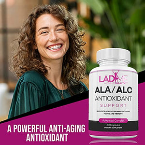 ALA / ALC Extra Strength Supplement - Alpha Lipoic Acid with Acetyl L-Carnitine 850 mg ALCAR Amino Acid Source for Brain Function, Memory, Focus, Antioxidant Support for Women by Ladyme 60 Capsules