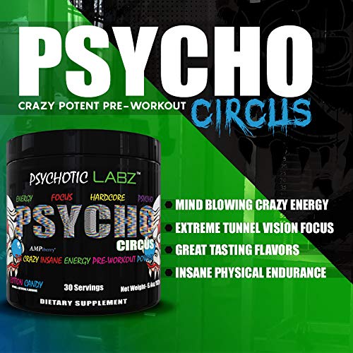 Psychotic Labz Psycho Circus High Stim Pre Workout Powder, Energy Focus Strength Pumps, Loaded with Beta Alanine Creatine Caffeine Ampiberry Dmae Bitartrate, 30 Srvgs, Cotton Candy