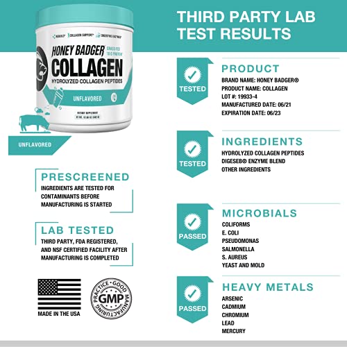 Honey Badger Collagen Peptides Powder | Keto Unflavored Grass Fed Hydrolyzed Collagen Protein Coffee Creamer | Gluten Free, Natural, Non-GMO, Paleo | Skin, Hair, Nail, and Joint Health, 30 Servings