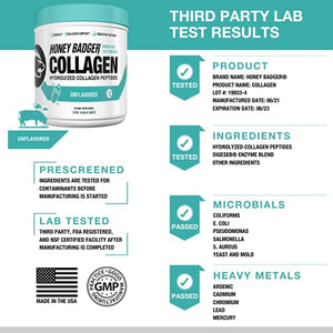 Honey Badger Collagen Peptides Powder | Keto Unflavored Grass Fed Hydrolyzed Collagen Protein Coffee Creamer | Gluten Free, Natural, Non-GMO, Paleo | Skin, Hair, Nail, and Joint Health, 30 Servings
