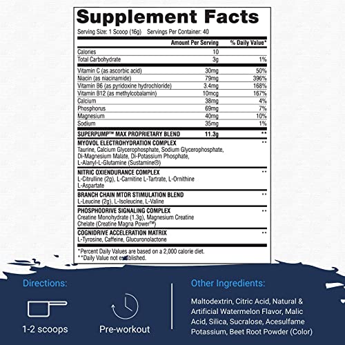 Gaspari Nutrition: SuperPump Max, PreWorkout Supplement, Sustained Energy & Nitric Oxide Booster Supports Lean Muscle Growth, Enhances Recovery & Replenishes Electrolytes, 40 Servings (Watermelon)