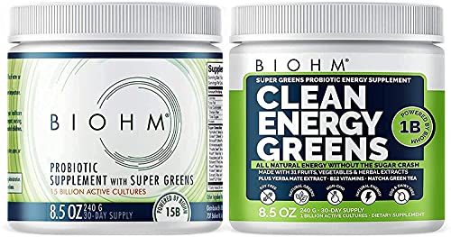 BIOHM Clean Energy Greens and Super Greens Superfood Powder Bundle - All Natural Energy Made with Probiotics, Digestive Enzymes, and 20 Organic Green Whole Foods (with Wheatgrass) - Non-GMO