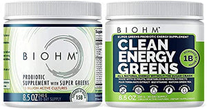 BIOHM Clean Energy Greens and Super Greens Superfood Powder Bundle - All Natural Energy Made with Probiotics, Digestive Enzymes, and 20 Organic Green Whole Foods (with Wheatgrass) - Non-GMO