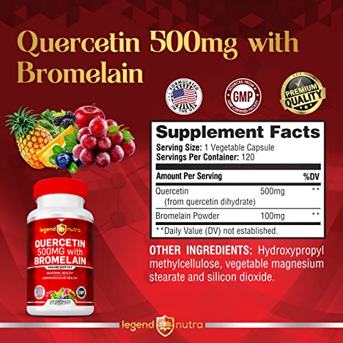 Quercetin 500mg with Bromelain, 120 Vegetable Capsules, Immune System Support Supplement, Seasonal Health, Cardiovascular Health by Legend Nutra