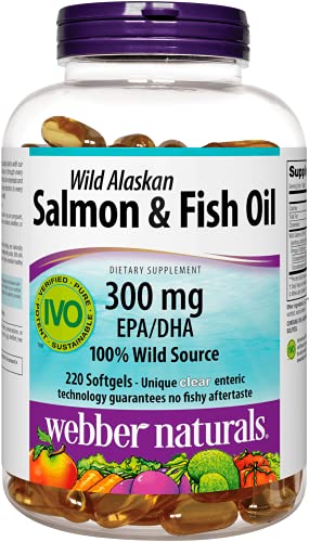 Webber Naturals Fish Oil, 300 mg of Omega-3, 1,000 mg of Total Fish Oil Per Pill, 220 Clear Enteric Softgels, No Fishy Aftertaste, Ultra-Purified, for Heart, Brain and Cardiovascular Health, Non-GMO