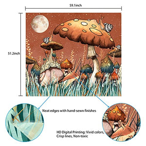 Trippy Mushroom Tapestry Moon and Stars Tapestry Snail Tapestry Plants and Leaves Tapestries Fantasy Fairy Tale Tapestry Wall Hanging for Room(51.2 x 59.1 inches)