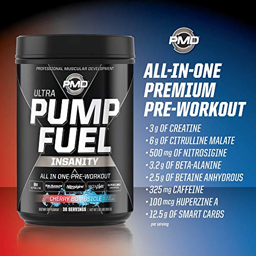 PMD Sports Ultra Pump Fuel Insanity - Pre Workout Drink Mix for Energy, Strength, Endurance, Muscle Pumps and Recovery - Complex Carbohydrates and Amino Energy - Cherry Bombsicle (30 Servings)