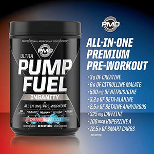 PMD Sports Ultra Pump Fuel Insanity - Pre Workout Drink Mix for Energy, Strength, Endurance, Muscle Pumps and Recovery - Complex Carbohydrates and Amino Energy - Cherry Bombsicle (30 Servings)