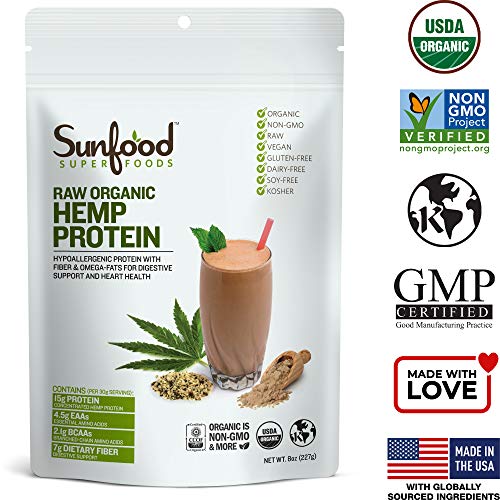 Sunfood Superfoods Hemp Protein Powder - Raw, Organic, Natural Flavor. 100% Pure Single Ingredient Plant-Based Protein Powder. Rich in Dietary Fiber and Amino Acids. Vegan, Gluten-Free. 8 oz Bag