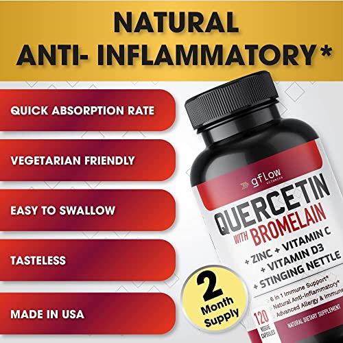 Quercetin with Vitamin C and Zinc - Quercetin 500mg - Stinging Nettle - Quercetin with Bromelain - Zinc Quercetin - 120 Veggie Caps. Quercetin Supplements + Vitamin D3 (Non-GMO, Gluten-Free, Vegan)