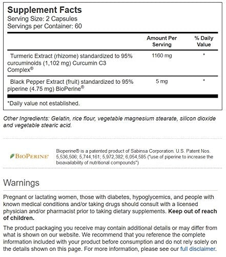 Vitacost Turmeric Extract Curcumin C3 Complex with Bioperine - 1,160 mg per Serving - 120 Capsules