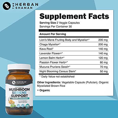 The Herban Shaman Serene Mushroom Supplement Capsules | Organic Lion’s Mane, Chaga Mycelia, Kava Root, Lavender & Passion Flower, Mucuna Pruriens, Cereus (60 Capsules) (Serene)