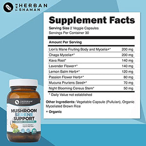 The Herban Shaman Serene Mushroom Supplement Capsules | Organic Lion’s Mane, Chaga Mycelia, Kava Root, Lavender & Passion Flower, Mucuna Pruriens, Cereus (60 Capsules) (Serene)