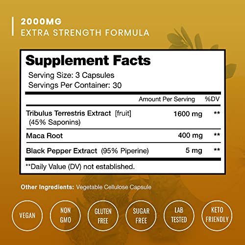 Tribulus Terrestris 2000mg Supplement | Extra Strength Saponins + Enhanced Absorption with Maca Powder & Black Pepper Extract | Tribulus Terrestris for Men & Women | 90 Vegan Capsules