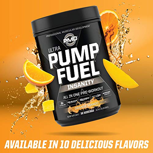 PMD Sports Ultra Pump Fuel Insanity - Pre Workout Drink Mix for Energy, Strength, Endurance, Muscle Pumps and Recovery - Complex Carbohydrates and Amino Energy - Tropical Orange Mango (30 Servings)