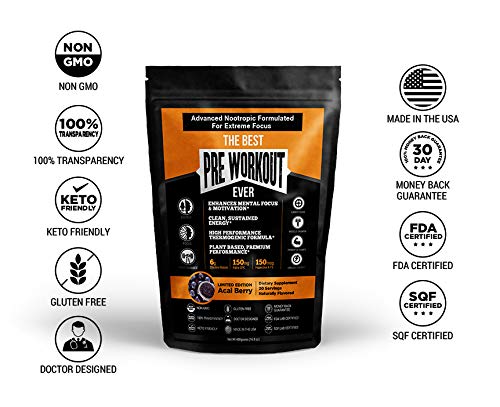 The Best Pre Workout Ever All Natural Nootropic Preworkout Powder - Clean Energy Boost Focus & Strength - Muscle Builder Supplement for Men & Women - Keto Friendly Plant Based & Limited Acai Berry